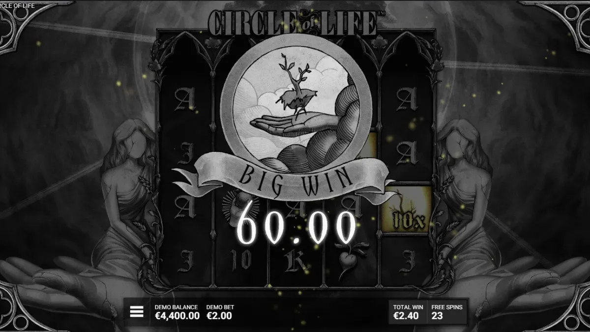 Tampilan visual slot Circle of Life di perangkat seluler dengan tema monokrom yang elegan