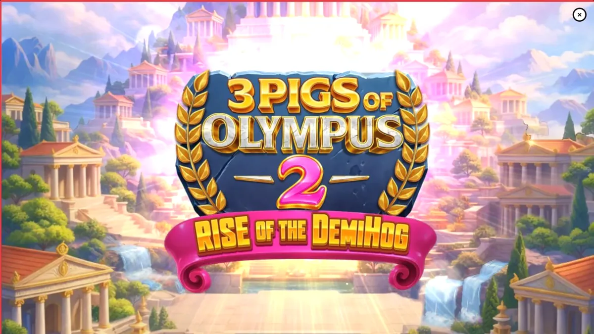 Tampilan visual epik dari slot 3 Pigs of Olympus 2 Rise of the DemiHog dengan latar belakang Gunung Olympus.