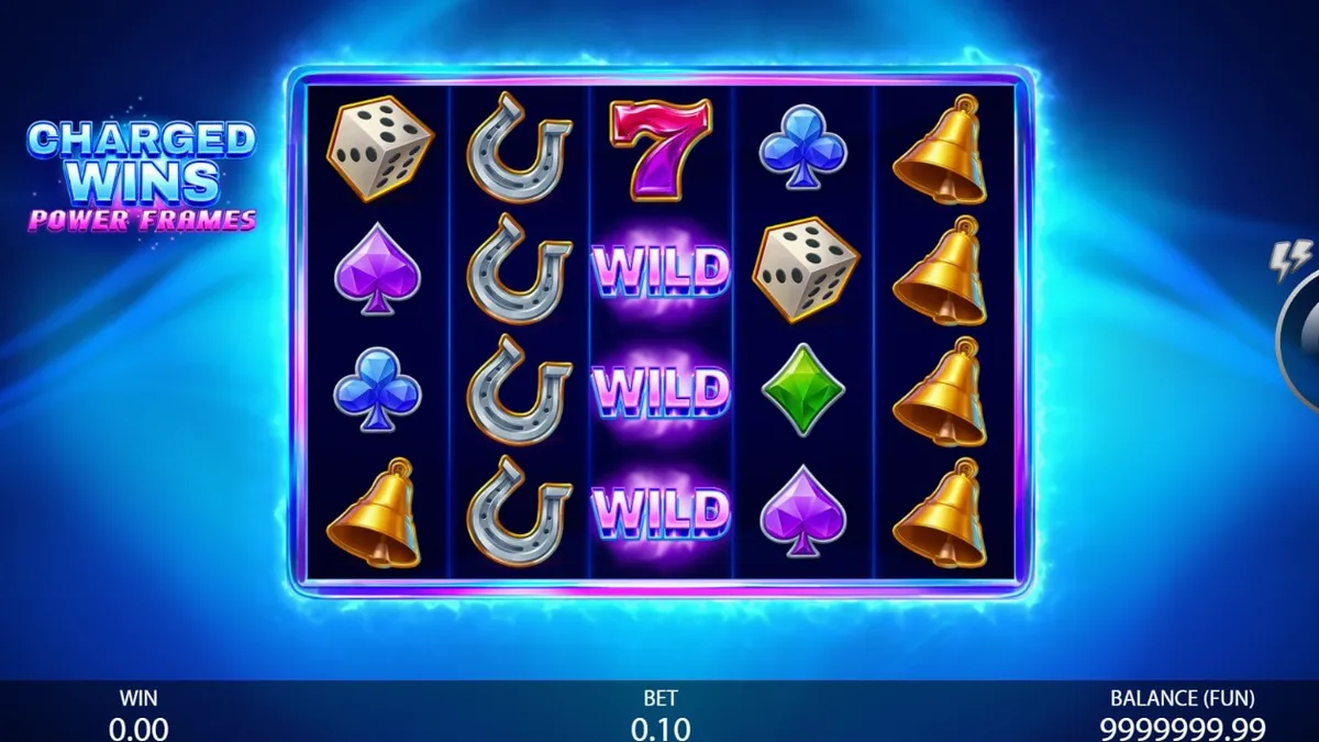 Tampilan visual neon dari slot Charged Wins: Power Frames