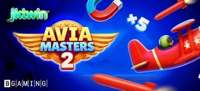 Pesawat terbang di atas awan dengan simbol-simbol slot Aviamasters 2.